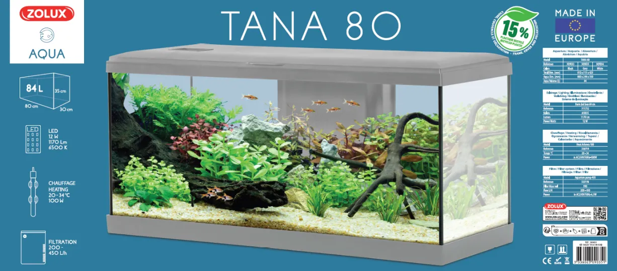 Aquarium poisson Tana LED 80cm gris - Zolux