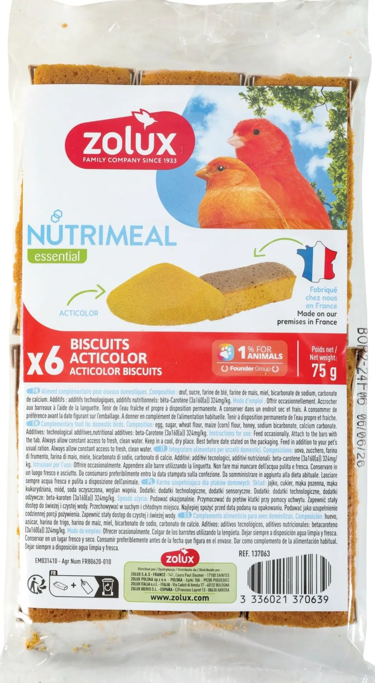 Biscuit oiseaux Nutrimeal acticolor par 6 - Zolux