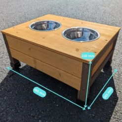 Double gamelle en inox avec support bois pour niche extérieur