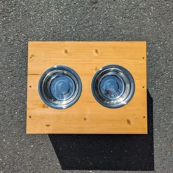 Double gamelle en inox avec support bois pour niche extérieur