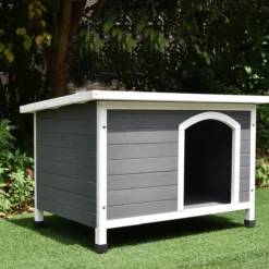 Niche pour chien Toit plat ondulé grise et blanche taille L