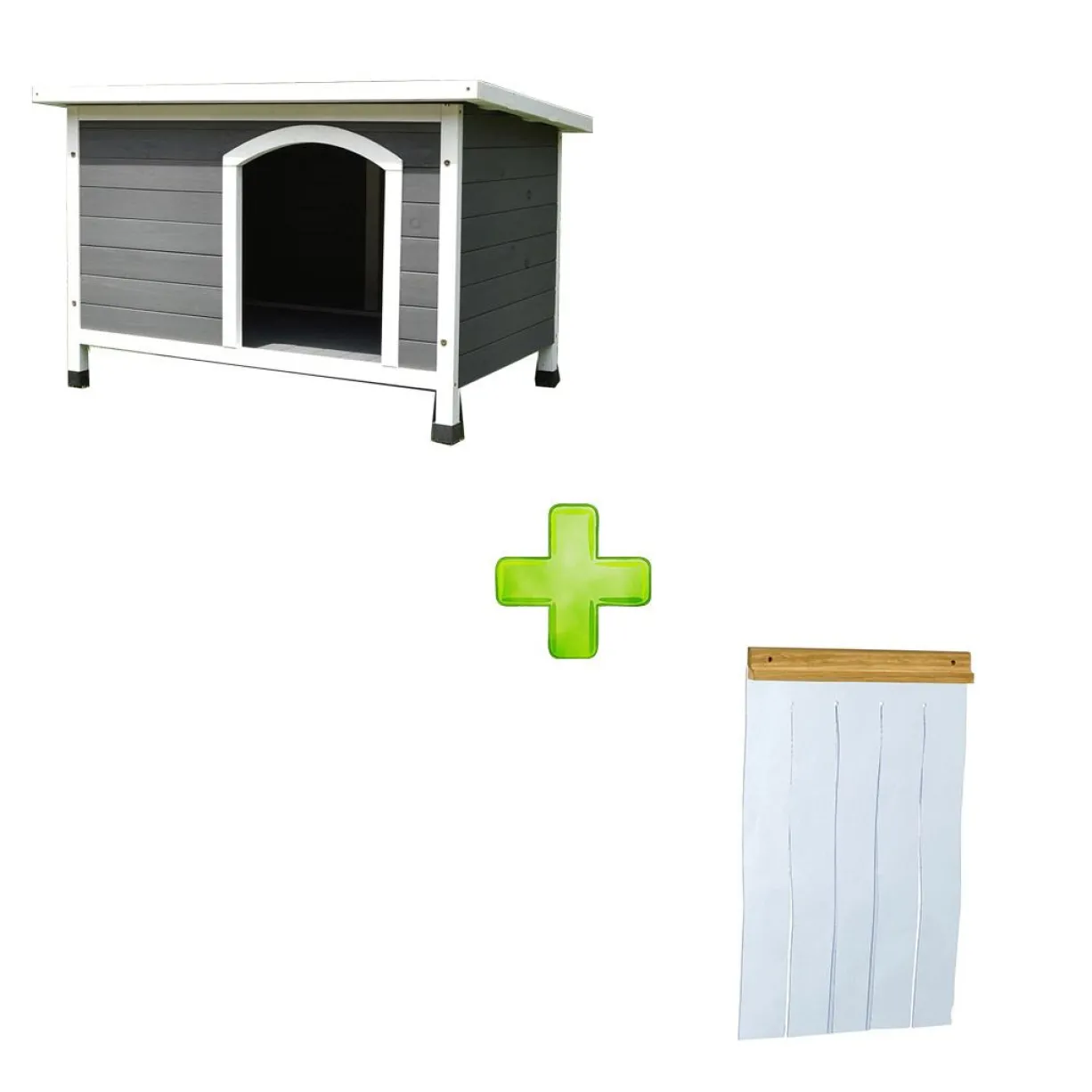 Niche pour chien toit plat ondulé grise et blanche taille L avec porte lamelles PVC taille 2
