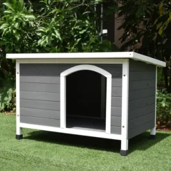 Niche pour chien Toit plat ondulé grise et blanche taille XL