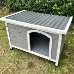 Niche pour chien Toit plat ondulé grise et blanche taille XL