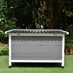Niche pour chien toit plat ondulé grise et blanche taille XL avec porte lamelles PVC taille 3