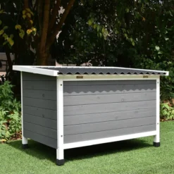 Niche pour chien toit plat ondulé grise et blanche taille XL avec porte lamelles PVC taille 3