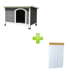 Niche pour chien toit plat ondulé grise et blanche taille XL avec porte lamelles PVC taille 3