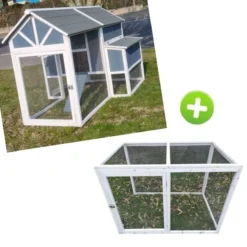 Poulailler Deluxe bleu toit shingle gris jusqu’à 12 poules avec extension parc grillagé