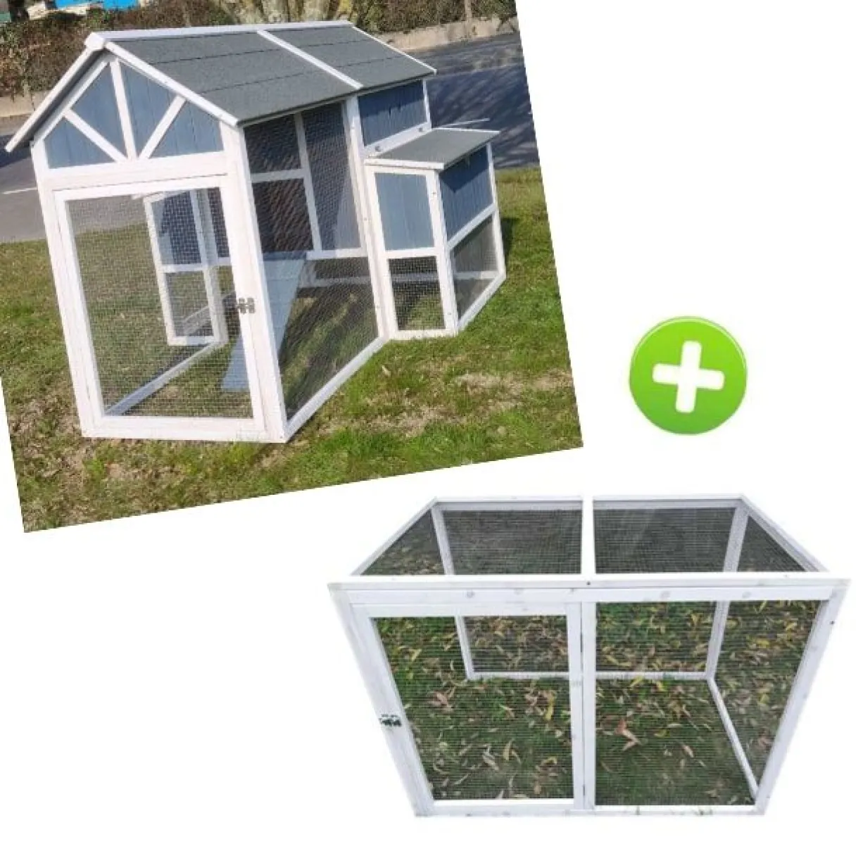 Poulailler Deluxe bleu toit shingle gris jusqu’à 12 poules avec extension parc grillagé