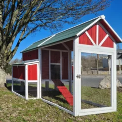 Poulailler Deluxe rouge toit shingle vert jusqu’à 12 poules avec extension parc grillagé