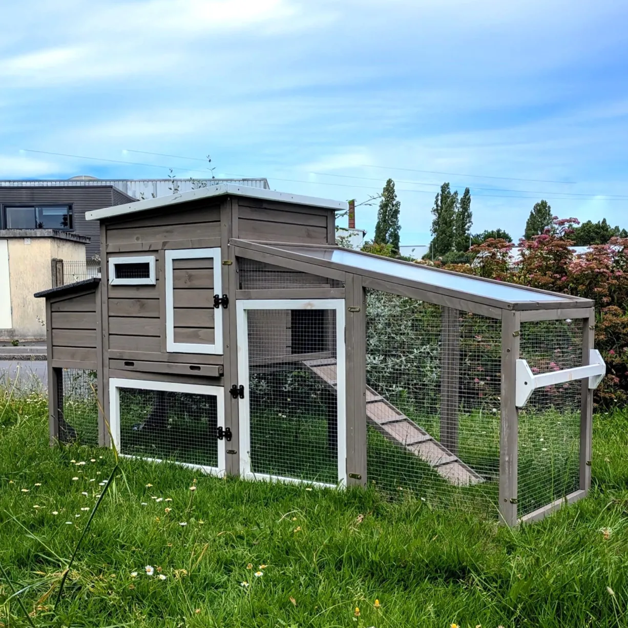 Poulailler mobile Sunny toit shingle et polycarbonate jusqu’à 6 poules