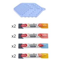 Tapis à lécher chat en silicone bleu avec friandises crémeuses stick Sweeties saveurs mixtes - Zolux