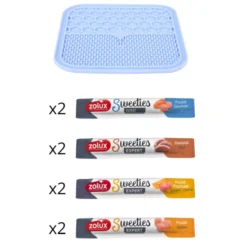 Tapis à lécher chien en silicone taille L bleu avec friandises crémeuses stick Sweeties saveurs mixtes - Zolux