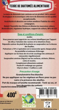 Terre de diatomée blanche non-calcinée alimentaire poule Doypack 400g - Prefor