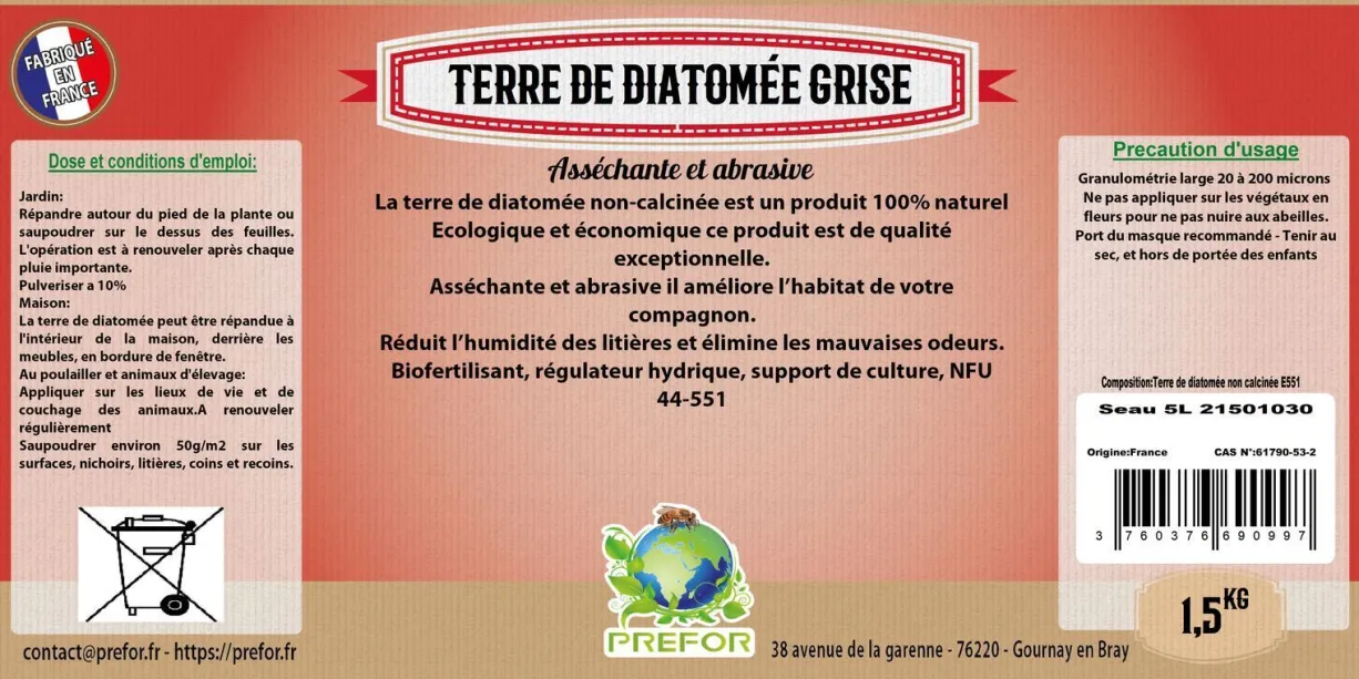 Terre de diatomee grise non-calcinée non-alimentaire seau 1,5kg