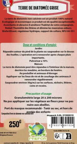 Terre de diatomée grise non-calcinée non-alimentaire poule Doypack 250g - Prefor