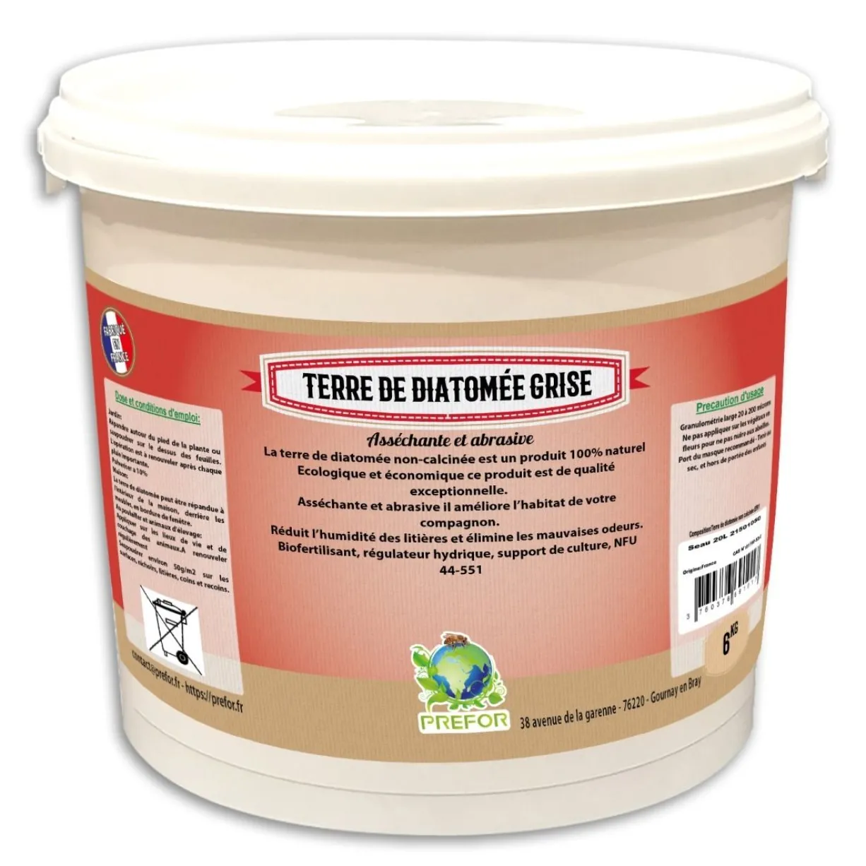 Terre de diatomée grise non-calcinée non-alimentaire pour volailles seau 6kg - Prefor