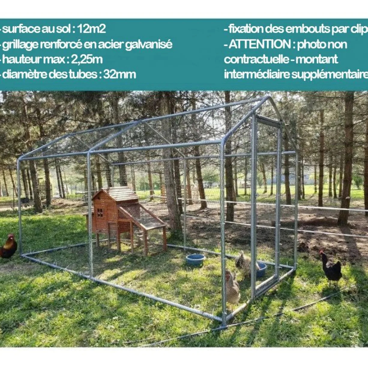 Volière poule - Enclos lapin et chat - 12m² 6x2x2,25m - Ø32mm Acier Galvanisé